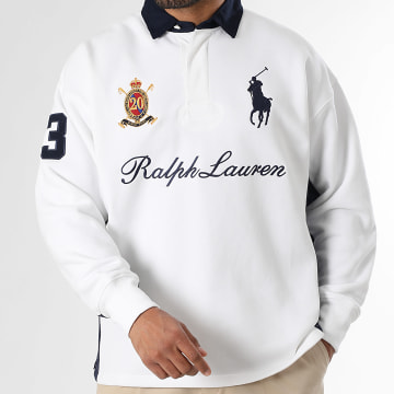 Polo Ralph Lauren - Sweat Col Boutonné Big Player Blanc Bleu Marine