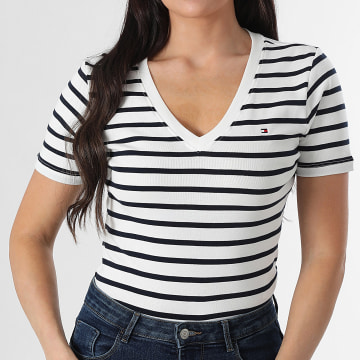 Tommy Hilfiger - Tee Shirt A Rayures Col V Slim Femme Cody 0584 Blanc Bleu Marine
