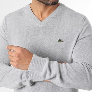Lacoste - Pull Col V Logo Brodé Crocodile Gris Chiné