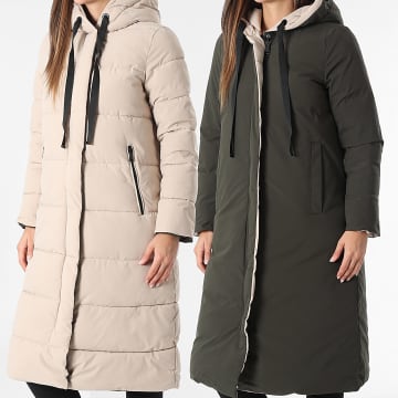 Classic Series - Reversible Long Hooded Puffer Jacket Women 060 Beige Khaki Green