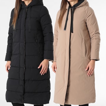 Classic Series - Reversible Long Hooded Puffer Jacket Women 060 Black Dark Beige