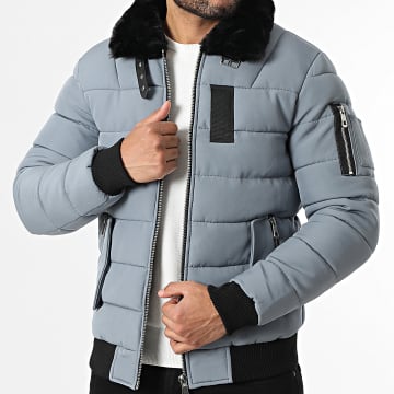 Kymaxx - Doudoune Col Fourrure Zippée Bleu Clair Gris