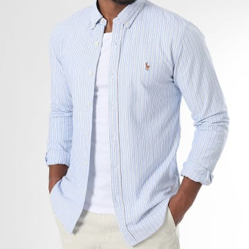 Polo Ralph Lauren - Camisa de Mangas Largas A Rayas Slim Oxford Blanco Azul Claro
