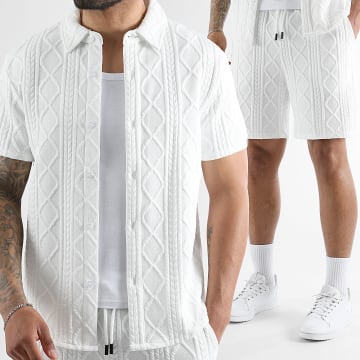 LBO - Completo Camicia Maniche Corte E Pantaloncino da jogging Testurizzato Trecce 0036 Bianco