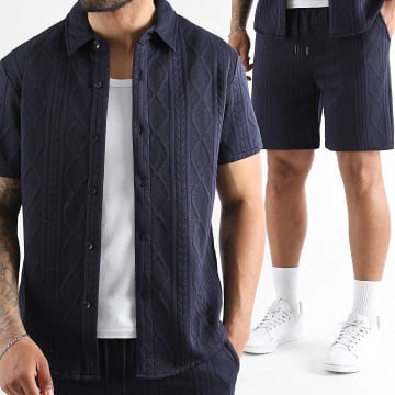 LBO - Completo Camicia Maniche Corte E Pantaloncino Da Jogging Testurizzato Treccia 0038 Blu Marino