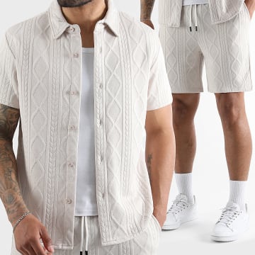 LBO - Completo Camicia Maniche Corte E Pantaloncino da jogging Testurizzato Trecce 0039 Beige
