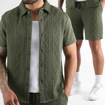 LBO - Completo Camicia Maniche Corte E Pantaloncino Da Jogging Testurizzato Treccia 0040 Verde Kaki