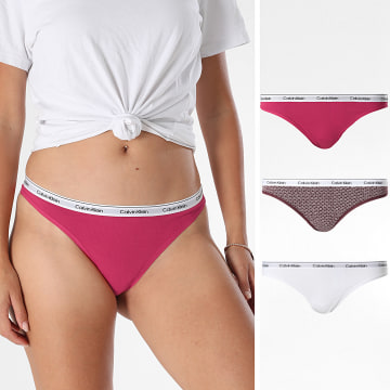 Calvin Klein - Lot De 3 Strings Femme Icon Logo QD5209E Blanc Bordeaux Rose