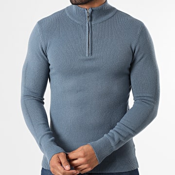 Frilivin - Pull Col Zippé 027 Bleu Gris