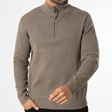 Frilivin - Pull Col Montant Zippé Côtelé 036 Marron