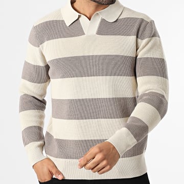 Frilivin - Pull Col V Côtelé 066 Beige Marron