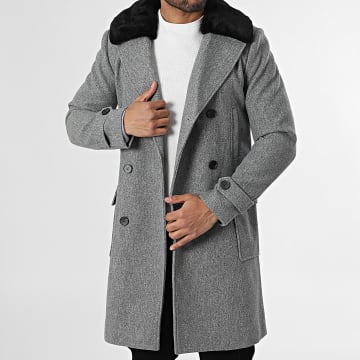 Frilivin - Abrigo Largo Cuello de Oveja Gris Melange Negro