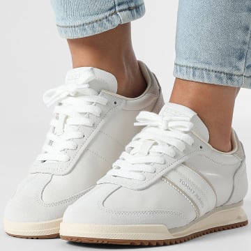 Tommy Jeans - Zapatillas Mujer Low Profile Runner Leather Mix 3001 Ecru Gulf Sand