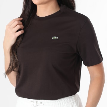 Lacoste - Tee Shirt Femme Logo Brodé Crocodile Relaxed Fit Marron Foncé