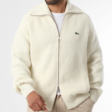 Lacoste - Gilet Zippato Cotelé Logo Ricamato Coccodrillo Beige Chiaro