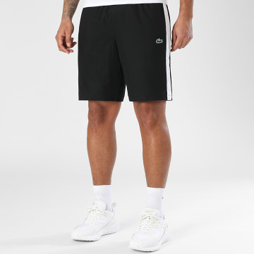 Lacoste - Short Jogging A Bandes Regular Fit Logo Crocodile Noir Blanc