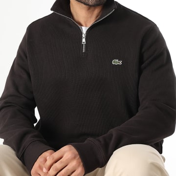 Lacoste - Sweat Col Zippé Classic Fit Logo Brodé Crocodile Marron Foncé