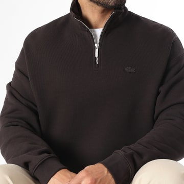 Lacoste - Sweat Col Zippé Loose Fit Logo Brodé Crocodile Ton Sur Ton Marron Foncé