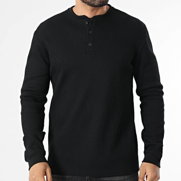 Only And Sons - Langarm-T-Shirt mit Knopfleiste Tobie Schwarz