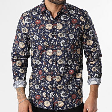 Classic Series - Camisa Manga Larga 023 Azul Marino Beige Burdeos Floral