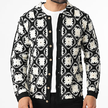 Frilivin - Camisa de manga larga calada 303 Negro Beige Floral