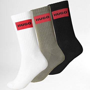 HUGO - Lot De 3 Paires De Chaussettes Rib Label 50531515 Noir Blanc Vert Kaki Rouge