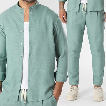 LBO - Conjunto Camisa de manga larga cuello oficial y Pantalón efecto lino 2466 Verde Salvia