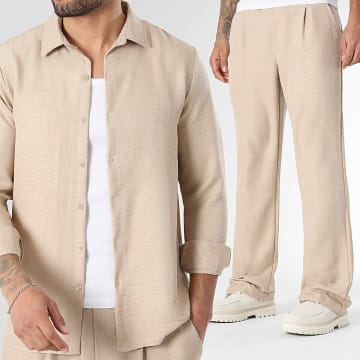 LBO - Conjunto Camisa Manga Larga Cuello Clásico Y Pantalón Flare Efecto Lino 2470 Beige