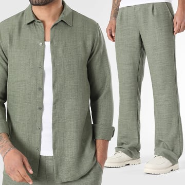 LBO - Conjunto Camisa de Mangas Largas Cuello Clásico Y Pantalón Flare Efecto Lino 2471 Verde Kaki