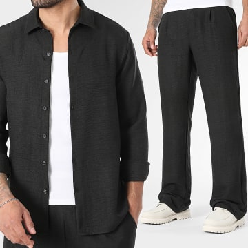 LBO - Conjunto Camisa Manga Larga Cuello Clásico Y Pantalón Flare Efecto Lino 2472 Negro