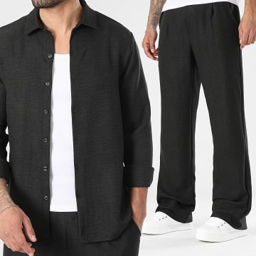 LBO - Ensemble Chemise Manches Longues Col Classique Et Pantalon Flare Effet Lin 2472 Noir