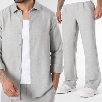 LBO - Conjunto Camisa Mangas Largas Cuello Clásico Y Pantalón Flare Efecto Lino 2473 Gris Jaspeado