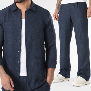 LBO - Conjunto Camisa Manga Larga Cuello Clásico Y Pantalón Flare Efecto Lino 2474 Azul Marino