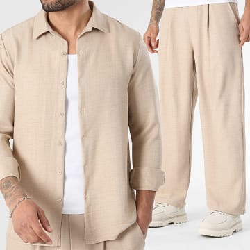 LBO - Conjunto Camisa Manga Larga Cuello Clásico Y Pantalón Ancho Efecto Lino 2475 Beige