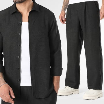 LBO - Conjunto Camisa Manga Larga Cuello Clásico Y Pantalón Ancho Efecto Lino 2476 Negro