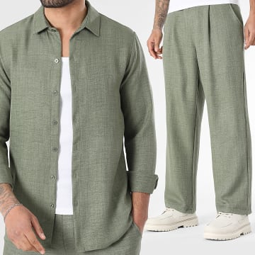 LBO - Conjunto Camisa Manga Larga Cuello Clásico Y Pantalón Ancho Efecto Lino 2477 Verde Kaki