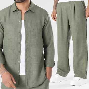 LBO - Tracksuit Long Sleeve Shirt Classic Collar And Wide Trouser Linen Effect 2477 Khaki Green