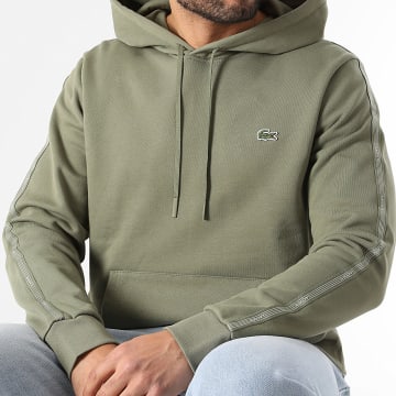 Lacoste - Felpa con Cappuccio A Bande Logo Ricamato Coccodrillo Verde Kaki