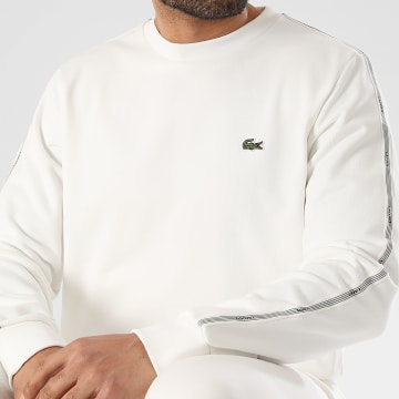 Lacoste - Sweat Crewneck A Bandes Classic Fit Logo Brodé Crocodile Blanc