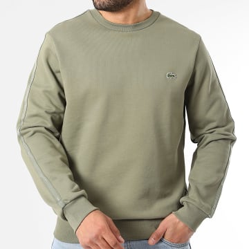Lacoste - Sweat Crewneck A Bandes Classic Fit Logo Brodé Crocodile Vert Kaki