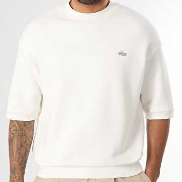 Lacoste - Sweat Crewneck Manches Courtes Oversize Logo Brodé Crocodile Ton Sur Ton Blanc