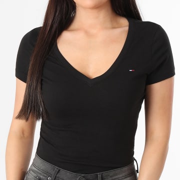 Tommy Jeans - Tee Shirt Col V Femme Slim 0458 Noir