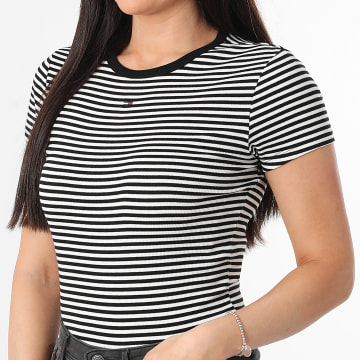 Tommy Jeans - Tee Shirt A Rayures Slim Femme Essential 7383 Noir Beige Clair