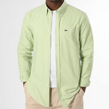 Lacoste - Camisa Manga Larga Bolsillo Logo Bordado Cocodrilo Regular Fit Verde Claro