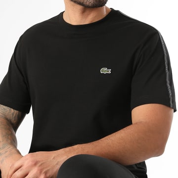 Lacoste - Tee Shirt A Bandes Regular Fit Logo Brodé Crocodile Noir