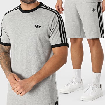 Adidas Originals - Ensemble Tee Shirt Et Short Jogging A Bandes 3 Stripes KE3532 KE2433 Gris Chiné