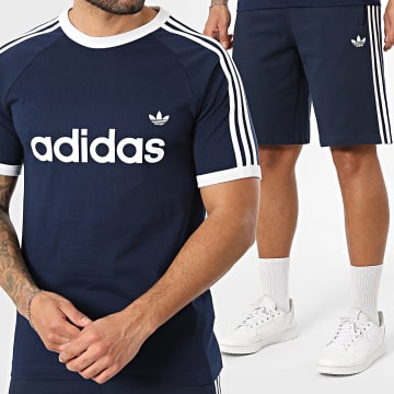 Adidas Originals - Ensemble Tee Shirt Et Short Jogging A Bandes 3 Stripes Ringer KF0419 KE3565 Bleu Marine