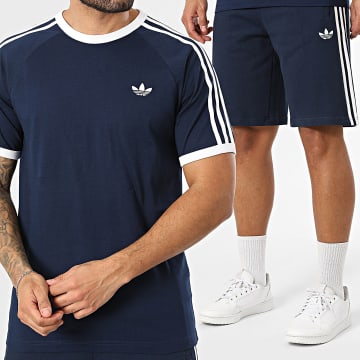 Adidas Originals - Ensemble Tee Shirt Et Short Jogging A Bandes 3 Stripes KE3536 KE3565 Bleu Marine Blanc