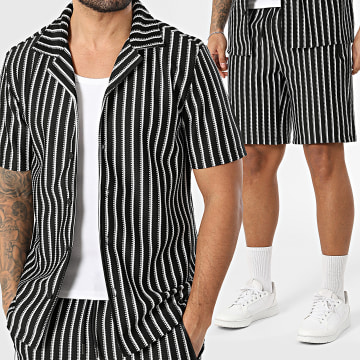 Zayne Paris  - Ensemble Chemise Manches Courtes Et Short Jogging A Rayures 312 Noir Blanc