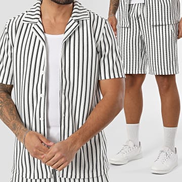Zayne Paris  - Ensemble Chemise Manches Courtes Et Short Jogging A Rayures 312 Blanc Noir